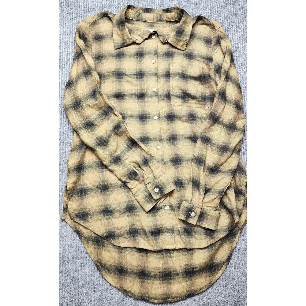 C&C California Plaid Button Down Shirt Tan Black High Low Hem Medium